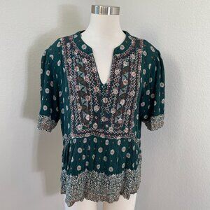 Knox Rose Womens Large Boho Green Embroidered V Neck Top Short Sleeve Shirt